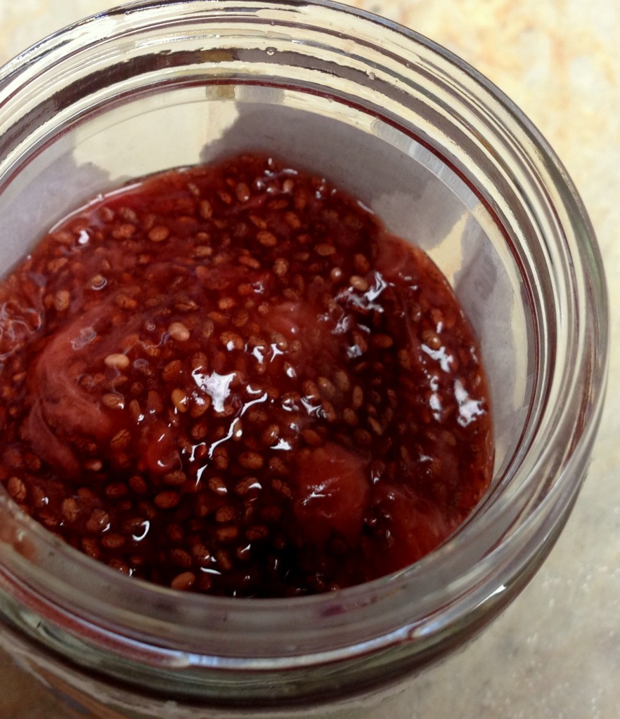 Strawberry Chia Jam - low sugar, healthy, fiber. Follow GuessWhosCooking.com on Twitter @guesswhoscookin