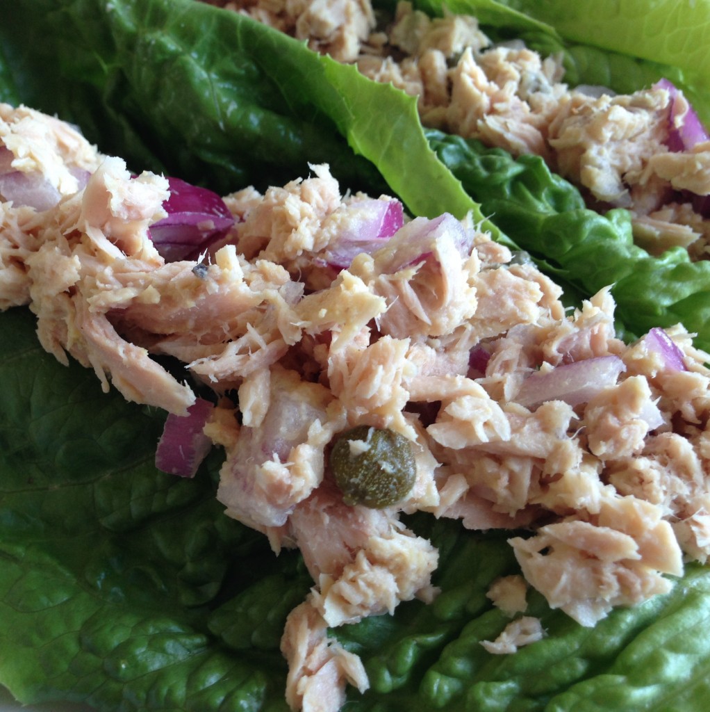Easy Mayo-Less Tuna Salad - low carb, gluten free, dairy free, egg free. Follow guesswhoscooking.com on Twitter @guesswhoscookin or Pinterest @ www.pinterest.com/guesswhoscookin