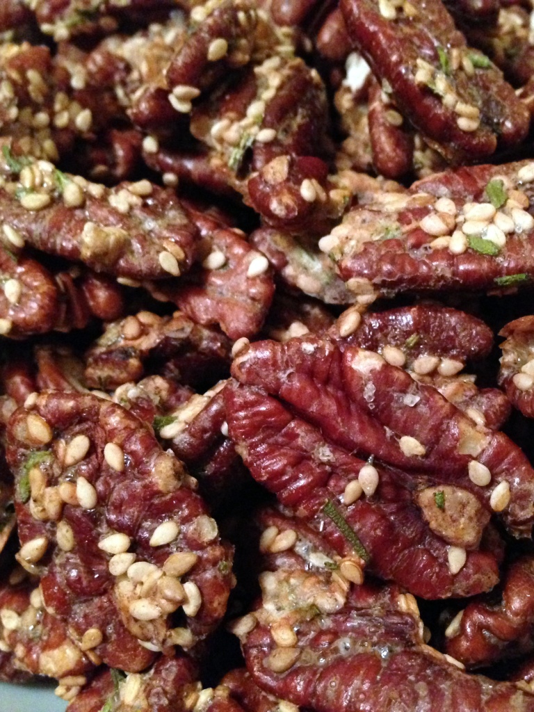 Rosemary Sesame Pecans = Healthy homemade Christmas or holiday gift - low carb, dairy free, gluten free, sugar free. Guesswhoscooking.com 
