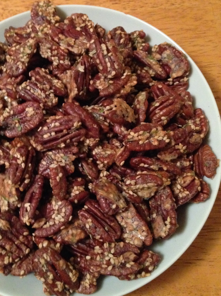 Rosemary Sesame Pecans = Healthy homemade Christmas or holiday gift - low carb, dairy free, gluten free, sugar free. Guesswhoscooking.com 
