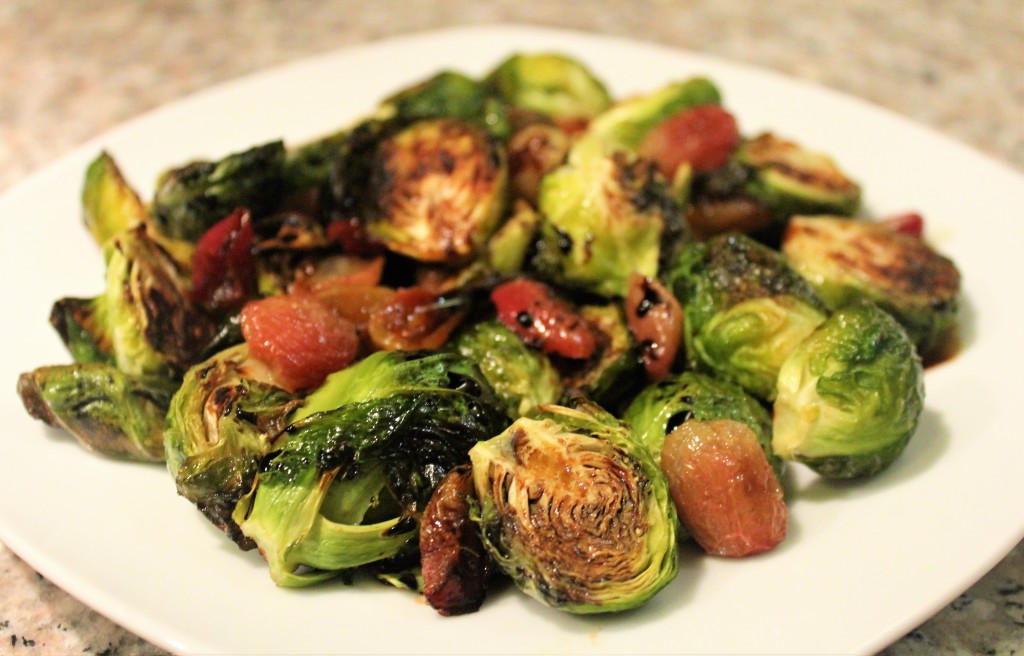 Crispy Brussels Sprouts with Grapes and Balsamic Reduction | Guess Who's Cooking | Healthy, plant based, vegan, vegetarian, no sugar added, dairy free, gluten free, soy free, egg free, nut free